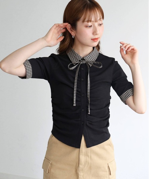 tiptop(ティップトップ)の「チェック襟ギャザーカットソー(Tシャツ/カットソー・レディース・ブラック/チャコールグレー/ブラウン・FREE)」の6枚目の写真