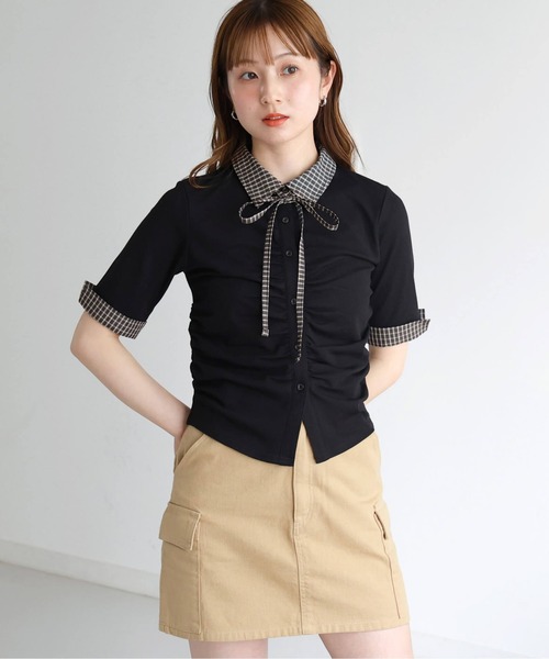 tiptop(ティップトップ)の「チェック襟ギャザーカットソー(Tシャツ/カットソー・レディース・ブラック/チャコールグレー/ブラウン・FREE)」の7枚目の写真