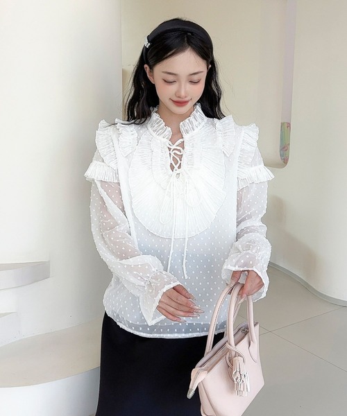 Jasmine Grandiflorum(ジャスミングランディフローラム)の「【Jasmine】ドッドフリルレースアップブラウス(シャツ/ブラウス・レディース・ブラック/ホワイト・FREE)」の4枚目の写真