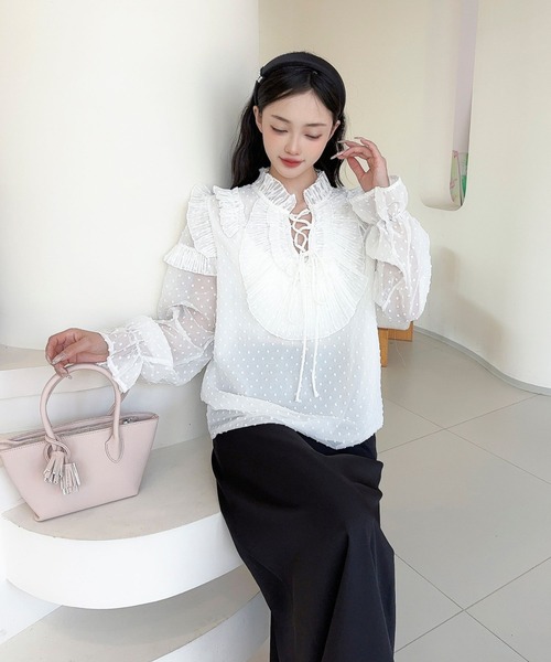 Jasmine Grandiflorum(ジャスミングランディフローラム)の「【Jasmine】ドッドフリルレースアップブラウス(シャツ/ブラウス・レディース・ブラック/ホワイト・FREE)」の6枚目の写真