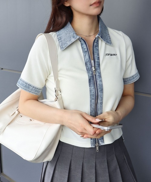 SpRay(スプレイ)の「デニム切替ダブルZIP ショートスリーブカーディガン(カーディガン/ボレロ・レディース・ネイビー/グレー/アイボリー/ブラック・FREE)」の1枚目の写真