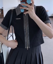 デニム切替ダブルZIP ショートスリーブカーディガン