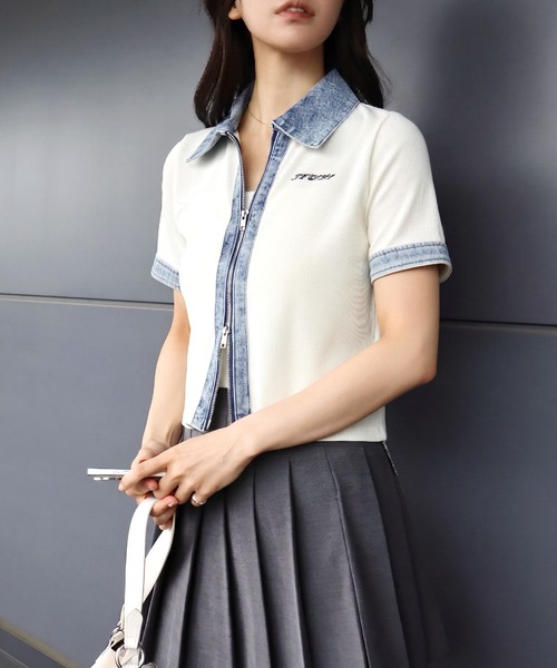 SpRay(スプレイ)の「デニム切替ダブルZIP ショートスリーブカーディガン(カーディガン/ボレロ・レディース・ネイビー/グレー/アイボリー/ブラック・FREE)」の10枚目の写真