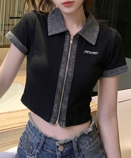 SpRay(スプレイ)の「デニム切替ダブルZIP ショートスリーブカーディガン(カーディガン/ボレロ・レディース・ネイビー/グレー/アイボリー/ブラック・FREE)」の21枚目の写真