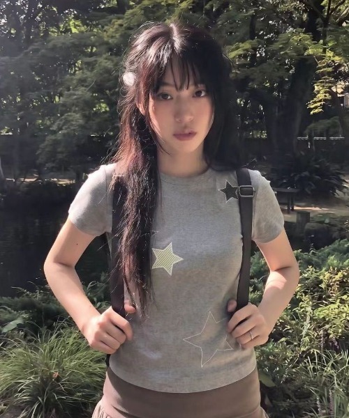 LADY LIKE（レディライク）の「【春夏新作】星柄アップリケ半袖Tシャツ（Tシャツ/カットソー・レディース・グレー/ホワイト・M）」の9枚目の写真