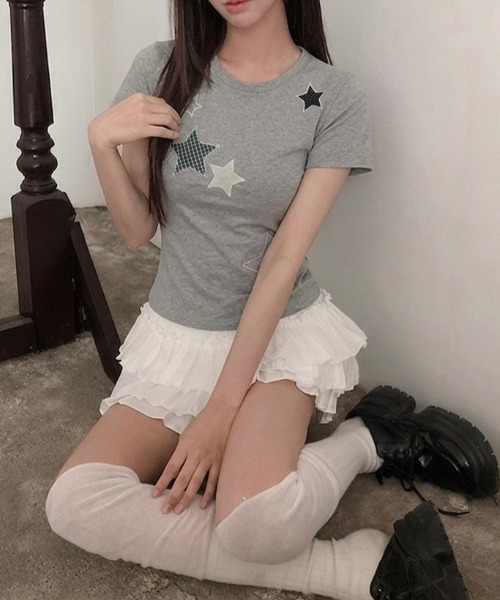 LADY LIKE（レディライク）の「【春夏新作】星柄アップリケ半袖Tシャツ（Tシャツ/カットソー・レディース・グレー/ホワイト・M）」の7枚目の写真