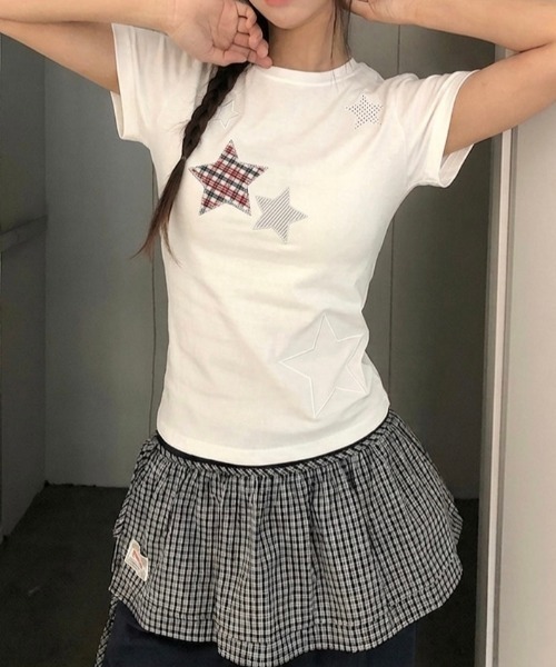 LADY LIKE（レディライク）の「【春夏新作】星柄アップリケ半袖Tシャツ（Tシャツ/カットソー・レディース・グレー/ホワイト・M）」の6枚目の写真