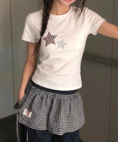 LADY LIKE（レディライク）の「【春夏新作】星柄アップリケ半袖Tシャツ（Tシャツ/カットソー・レディース・グレー/ホワイト・M）」の5枚目の写真