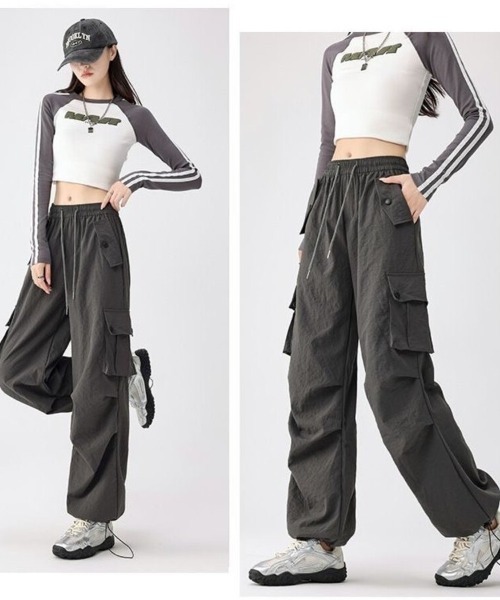 Beststore（ベストストア）の「【全6色】ハイウエスト & ワイドシルエット ドローストリング カーゴパンツ（カーゴパンツ・レディース・ダークグレー/カーキ/ブラック/レッド/ピンク/ベージュ・L/M）」の16枚目の写真