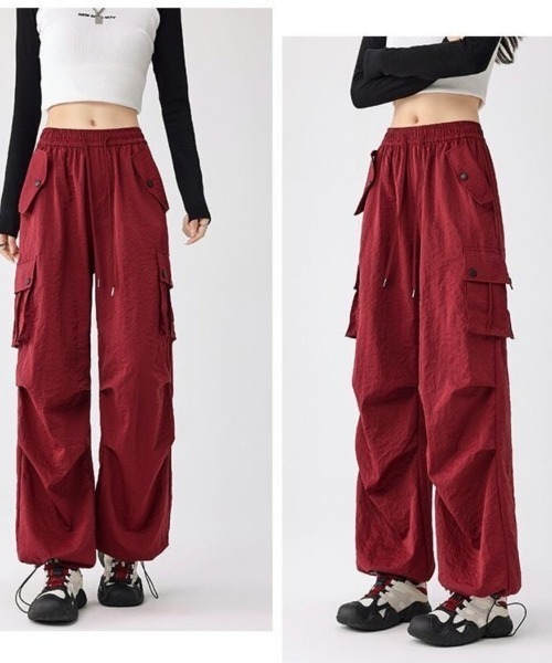 Beststore（ベストストア）の「【全6色】ハイウエスト & ワイドシルエット ドローストリング カーゴパンツ（カーゴパンツ・レディース・ダークグレー/カーキ/ブラック/レッド/ピンク/ベージュ・L/M）」の21枚目の写真