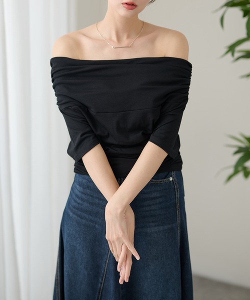 DAYRA(デイラ)の「リッドカラー 折り返し オフショル 半袖 トップス(Tシャツ/カットソー・レディース・ライトブルー/イエロー/ブラック/ホワイト・FREE)」の5枚目の写真