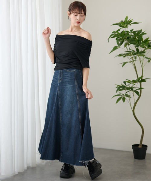 DAYRA(デイラ)の「リッドカラー 折り返し オフショル 半袖 トップス(Tシャツ/カットソー・レディース・ライトブルー/イエロー/ブラック/ホワイト・FREE)」の9枚目の写真