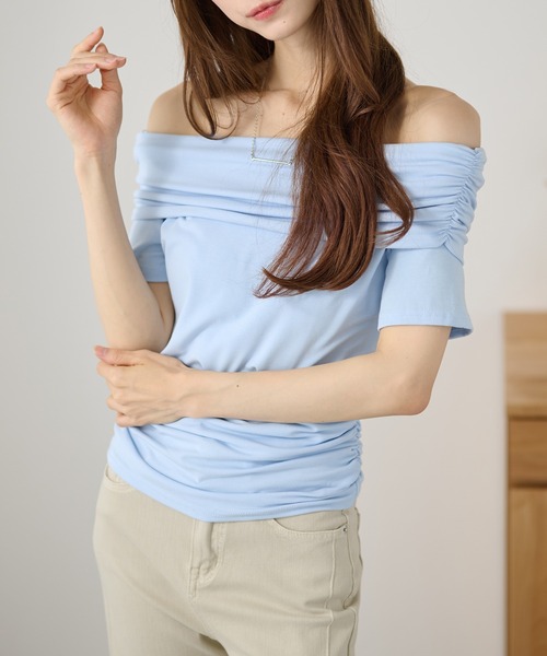 DAYRA(デイラ)の「リッドカラー 折り返し オフショル 半袖 トップス(Tシャツ/カットソー・レディース・ライトブルー/イエロー/ブラック/ホワイト・FREE)」の11枚目の写真