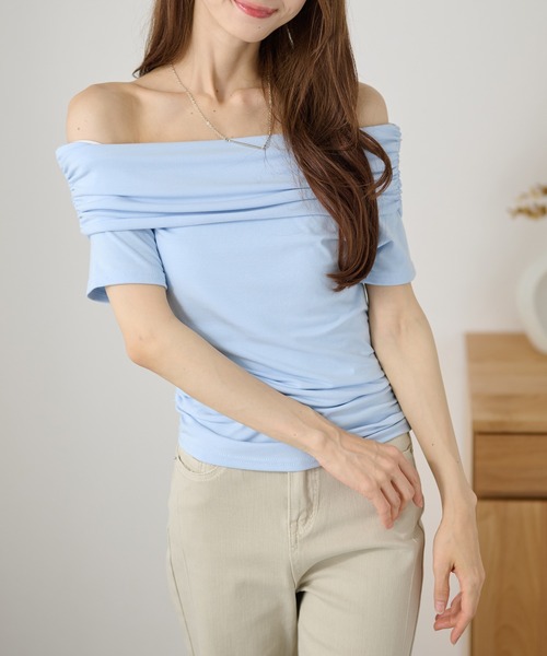 DAYRA(デイラ)の「リッドカラー 折り返し オフショル 半袖 トップス(Tシャツ/カットソー・レディース・ライトブルー/イエロー/ブラック/ホワイト・FREE)」の12枚目の写真
