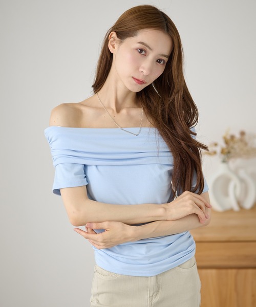 DAYRA(デイラ)の「リッドカラー 折り返し オフショル 半袖 トップス(Tシャツ/カットソー・レディース・ライトブルー/イエロー/ブラック/ホワイト・FREE)」の13枚目の写真