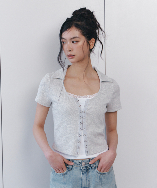 CURETTY（キュリティ）の「C HOOK & EYE SLIM HALF TOP_LIGHT GREY（Tシャツ/カットソー・レディース・ライトグレー・SMALL）」の2枚目の写真