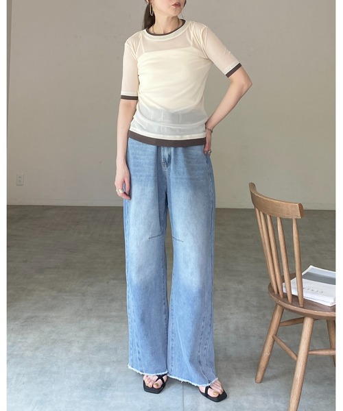 She's Closet(シーズクローゼット)の「クルーネック半袖 配色バイカラー レイヤード風 シアートップス(Tシャツ/カットソー・レディース・アイボリー/ブラック/グレー・FREE)」の7枚目の写真