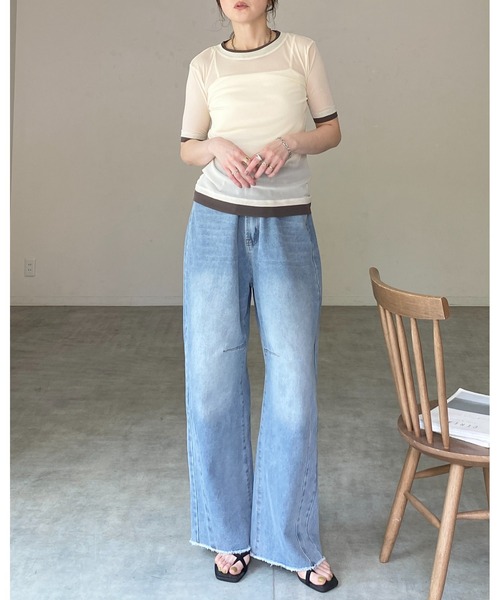 She's Closet(シーズクローゼット)の「クルーネック半袖 配色バイカラー レイヤード風 シアートップス(Tシャツ/カットソー・レディース・アイボリー/ブラック/グレー・FREE)」の8枚目の写真