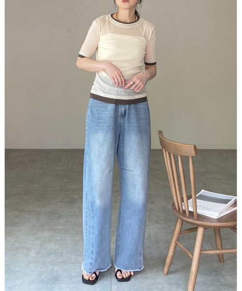 She's Closet(シーズクローゼット)の「クルーネック半袖 配色バイカラー レイヤード風 シアートップス(Tシャツ/カットソー・レディース・アイボリー/ブラック/グレー・FREE)」の18枚目の写真