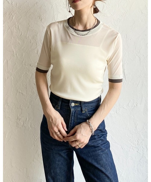 She's Closet(シーズクローゼット)の「クルーネック半袖 配色バイカラー レイヤード風 シアートップス(Tシャツ/カットソー・レディース・アイボリー/ブラック/グレー・FREE)」の22枚目の写真