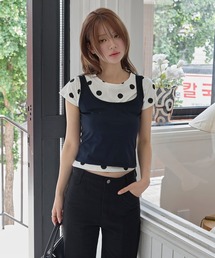 【UNE ORIGINAL】【体型やスタイルに合わせて選べるS / M 2サイズ展開 】レイヤードキャミソール&ドットTシャツSET ITEM