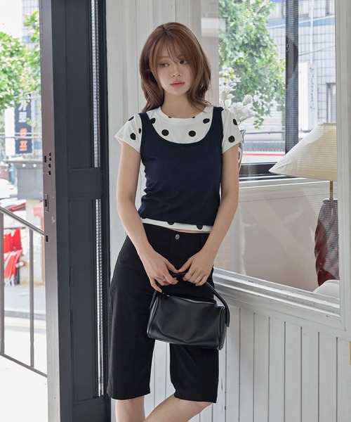 UNE MANSION（ユヌマンション）の「【UNE ORIGINAL】【体型やスタイルに合わせて選べるS / M 2サイズ展開 】レイヤードキャミソール＆ドットTシャツSET ITEM（Tシャツ/カットソー・レディース・ピンク/イエロー/ネイビー・MEDIUM/SMALL）」の9枚目の写真