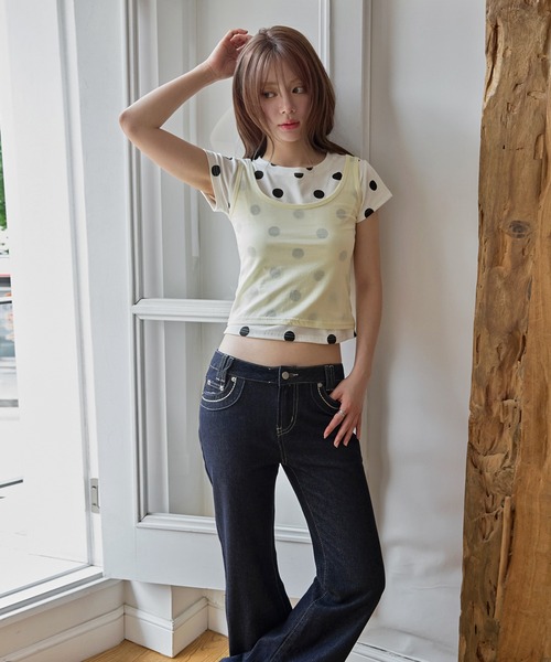 UNE MANSION（ユヌマンション）の「【UNE ORIGINAL】【体型やスタイルに合わせて選べるS / M 2サイズ展開 】レイヤードキャミソール＆ドットTシャツSET ITEM（Tシャツ/カットソー・レディース・ピンク/イエロー/ネイビー・MEDIUM/SMALL）」の7枚目の写真