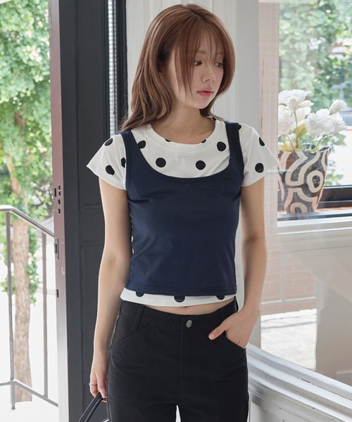 UNE MANSION（ユヌマンション）の「【UNE ORIGINAL】【体型やスタイルに合わせて選べるS / M 2サイズ展開 】レイヤードキャミソール＆ドットTシャツSET ITEM（Tシャツ/カットソー・レディース・ピンク/イエロー/ネイビー・MEDIUM/SMALL）」の15枚目の写真