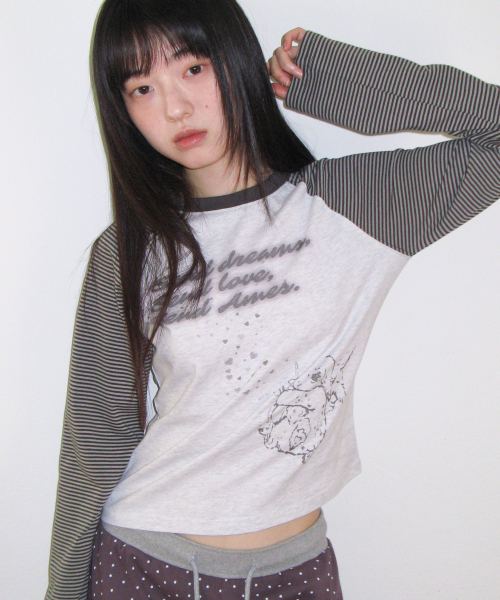 AMESWORLDWIDE(アメスワールドワイド)の「CUPID RABBIT STRIPE RAGLAN LS TEE GREY(Tシャツ/カットソー・レディース・その他・SMALL/LARGE/MEDIUM)」の1枚目の写真
