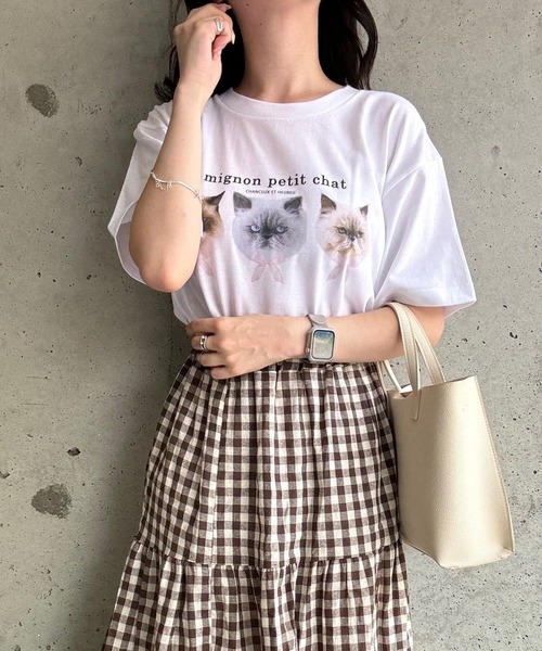 tunee(チュニー)の「ガーリーCATデザイン半袖Tシャツ(hsyd)(Tシャツ/カットソー・レディース・ホワイト・LARGE)」の1枚目の写真