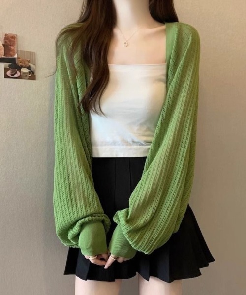 Beststore(ベストストア)の「透かし編み パフスリーブ サマーニット ボレロ カーディガン 日焼け対策(カーディガン/ボレロ・レディース・アイボリー/パープル/ホワイト/グリーン/ブラック・FREE)」の4枚目の写真