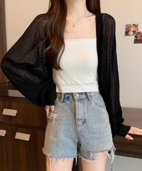 Beststore(ベストストア)の「透かし編み パフスリーブ サマーニット ボレロ カーディガン 日焼け対策(カーディガン/ボレロ・レディース・アイボリー/パープル/ホワイト/グリーン/ブラック・FREE)」の13枚目の写真