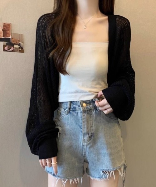 Beststore(ベストストア)の「透かし編み パフスリーブ サマーニット ボレロ カーディガン 日焼け対策(カーディガン/ボレロ・レディース・アイボリー/パープル/ホワイト/グリーン/ブラック・FREE)」の14枚目の写真