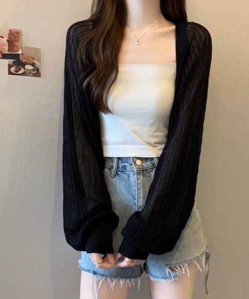 Beststore(ベストストア)の「透かし編み パフスリーブ サマーニット ボレロ カーディガン 日焼け対策(カーディガン/ボレロ・レディース・アイボリー/パープル/ホワイト/グリーン/ブラック・FREE)」の15枚目の写真