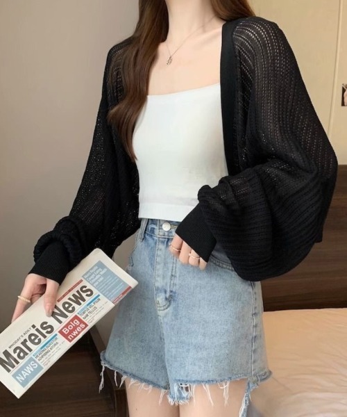 Beststore(ベストストア)の「透かし編み パフスリーブ サマーニット ボレロ カーディガン 日焼け対策(カーディガン/ボレロ・レディース・アイボリー/パープル/ホワイト/グリーン/ブラック・FREE)」の18枚目の写真