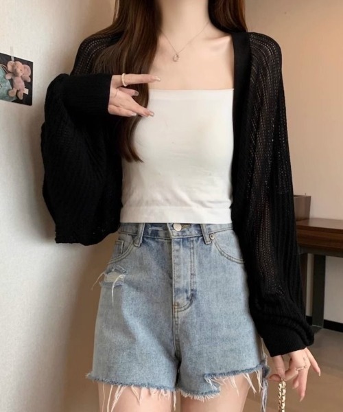 Beststore(ベストストア)の「透かし編み パフスリーブ サマーニット ボレロ カーディガン 日焼け対策(カーディガン/ボレロ・レディース・アイボリー/パープル/ホワイト/グリーン/ブラック・FREE)」の19枚目の写真