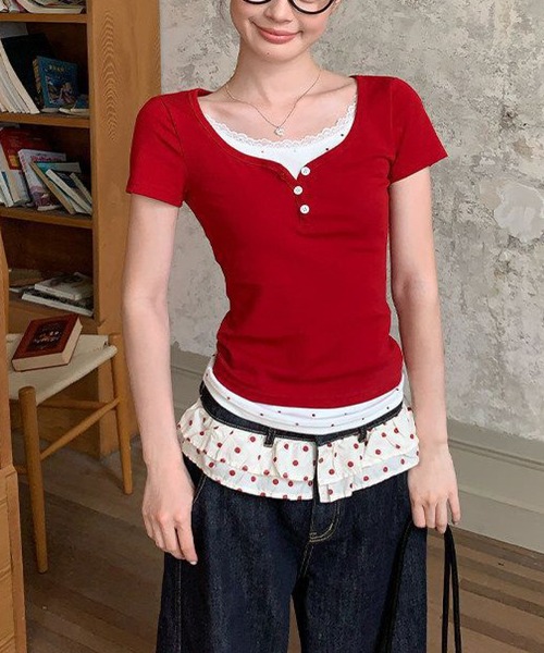 HALEY PESCA(ヘーリーペスカ)の「HALEY PESCA/ドットフェイクレイヤード レースヘンリーネックトップス(Tシャツ/カットソー・レディース・レッド・MEDIUM/SMALL)」の11枚目の写真