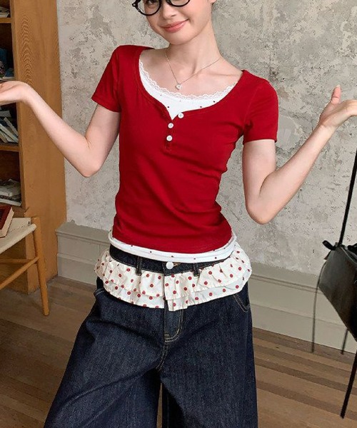 HALEY PESCA(ヘーリーペスカ)の「HALEY PESCA/ドットフェイクレイヤード レースヘンリーネックトップス(Tシャツ/カットソー・レディース・レッド・MEDIUM/SMALL)」の17枚目の写真