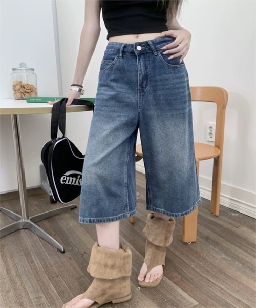 FREE STYLISTS(フリー スタイリスト)の「ヴィンテージライク オーバーダイ 7分丈デニム パンツ(デニムパンツ・レディース・インディゴブルー/ブルー/ブラック・S/M/L/XL/2XL/3XL)」の3枚目の写真