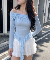 HOOK for girls　オフショルダーアシメヘム裾縦フリル長袖トップス