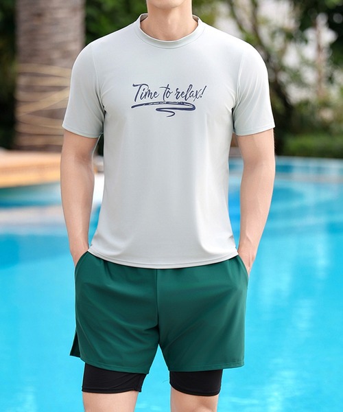 メンズ水着　JUN セール】【調節紐付き】半袖英字ロゴTシャツライクトップス+レイヤード