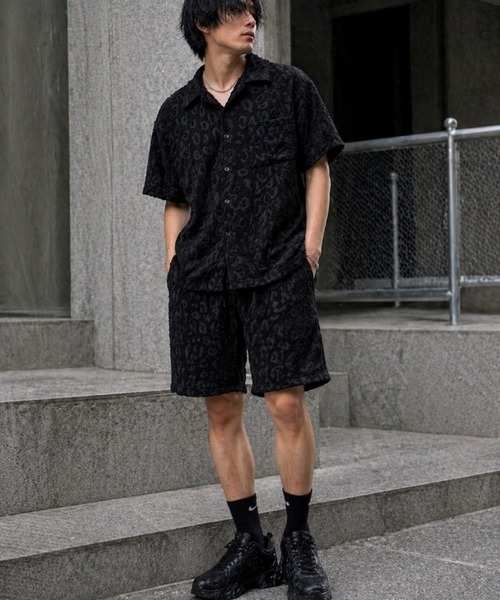 Bls】 【ZM】【Bling Leads】パイル生地 半袖レオパード柄シャツ(BL