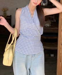 前後結び2WAYウエストリボンチェック柄トップス