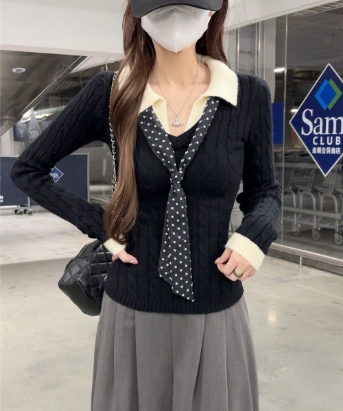 AMAJI(アマジ)の「フェイクレイヤード ケーブル編み ショート丈 ニットトップス(ニット/セーター・レディース・ブラック/ブラウン/グレー/レッド/ベージュ・FREE)」の8枚目の写真