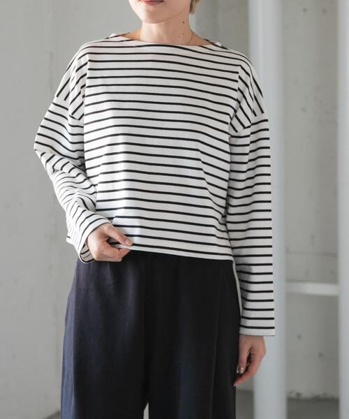FORK&SPOON(フォークアンドスプーン)の「FORK&SPOON クロップドボートネックボーダー(Tシャツ/カットソー・レディース・アイボリー/オフホワイト・1)」の3枚目の写真