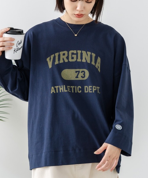 DISCUS(ディスカス)の「【DISCUS/ディスカス】【カレッジ調のブランドロゴプリントがアクセント】8分袖 ワイドシルエットTシャツ 綿100% カットソー ブランドロゴ カジュアル レイヤード アメカジ ストリート(Tシャツ/カットソー・レディース・ブラック/ネイビー/レッド/オフホワイト/エメラルド/サンドベージュ・MEDIUM)」の6枚目の写真
