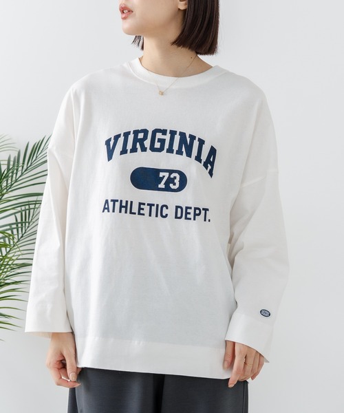 DISCUS(ディスカス)の「【DISCUS/ディスカス】【カレッジ調のブランドロゴプリントがアクセント】8分袖 ワイドシルエットTシャツ 綿100% カットソー ブランドロゴ カジュアル レイヤード アメカジ ストリート(Tシャツ/カットソー・レディース・ブラック/ネイビー/レッド/オフホワイト/エメラルド/サンドベージュ・MEDIUM)」の2枚目の写真