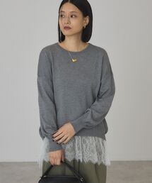 裾レースドッキングクルーネックニット