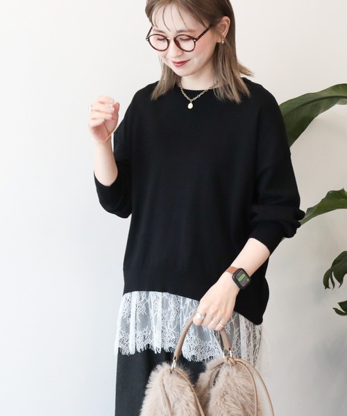 AMERICAN HOLIC(アメリカンホリック)の「裾レースドッキングクルーネックニット(ニット/セーター・レディース・ホワイト系その他2/グレイッシュベージュ/ブラック/杢グレー/レッド・FREE)」の9枚目の写真