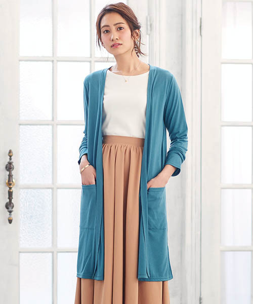 Pierrot(ピエロ)の「UVカット裾スリットカーディガン 吸汗速乾(カーディガン/ボレロ・レディース・ブラック/ブラウン系その他/カーキオリーブ/バーガンディー/オフホワイト/杢グレー/チャコール/モカ/ベージュ/ネイビー/ブルー系その他/オレンジ系その他/イエロー/ライトブルー/ブルー/ベビーピンク/ブルー系その他3/グリーン系その他/スモークピンク/イエロー系その他/ラベンダー/ミント/ライトグレー/アイボリー/チャコールグレー・L/M)」の13枚目の写真